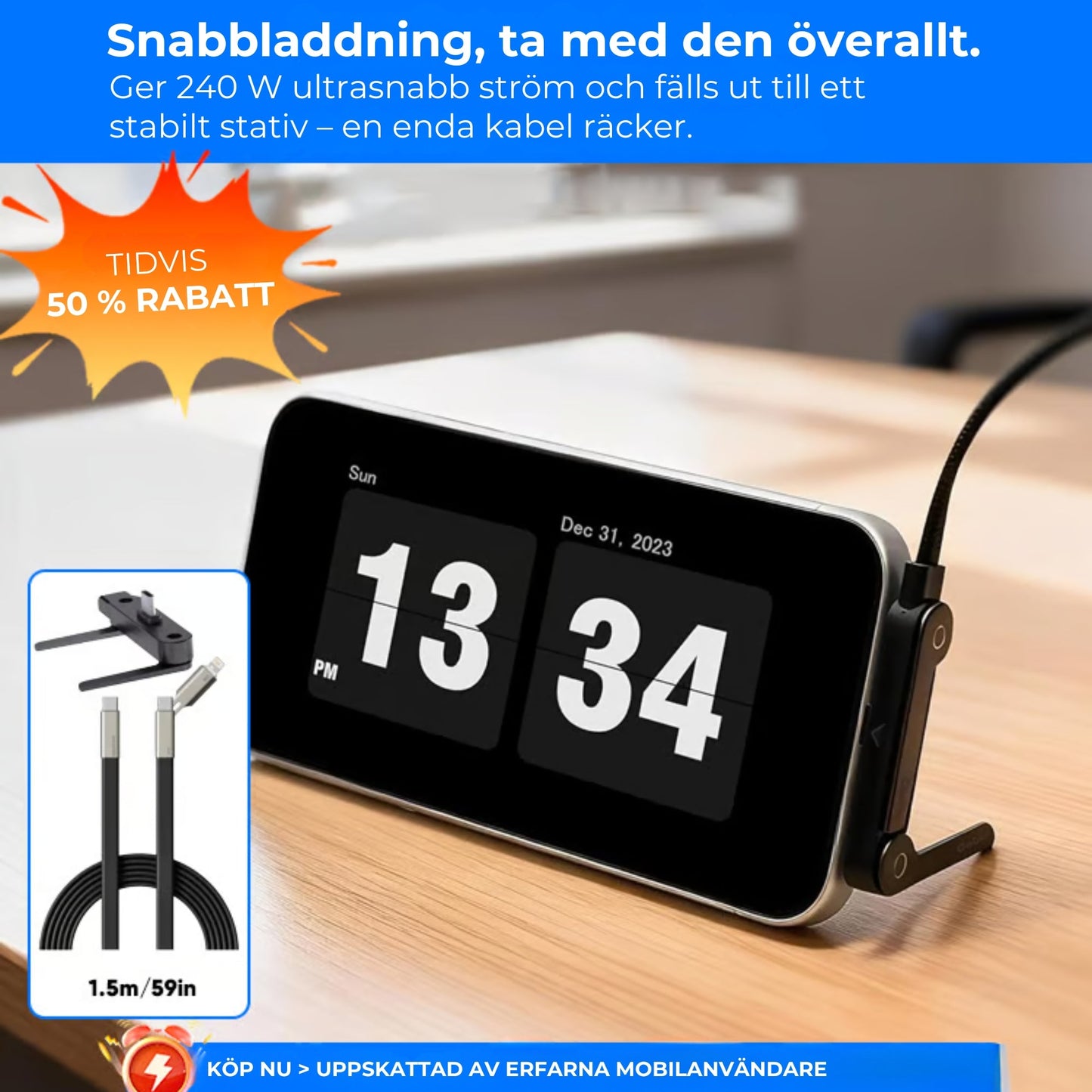 240 W snabbladdningskabel med SMART hållare (360°)
